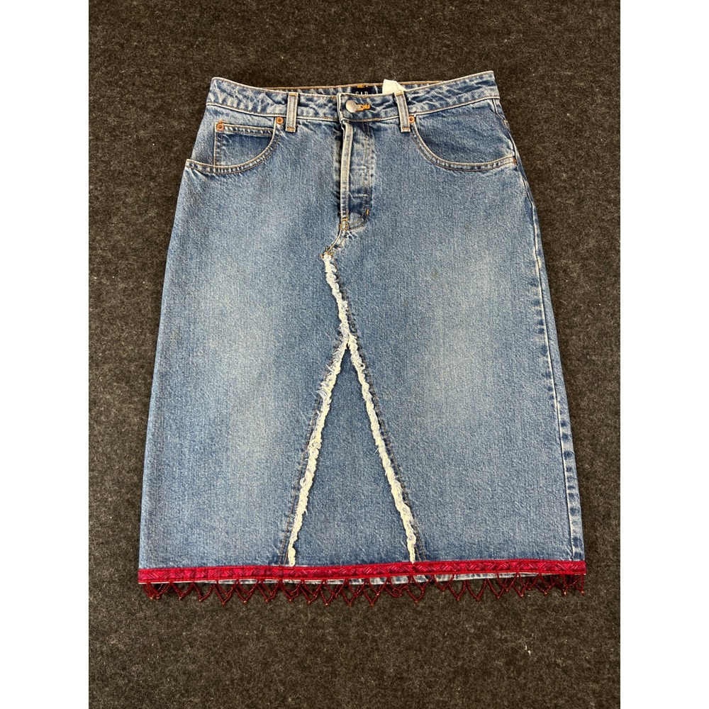 Vintage 90s Gap Denim Midi Skirt Blue Beaded Fringe Distressed Button Fly Size 6